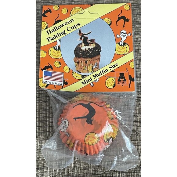 Vintage Halloween Mini Cupcake Muffin Liners Baking Cups Orange Ghosts ACME 75pk - Picture 1 of 9